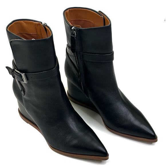 Franco Sarto Emina Black Leather Pointed Toe Wedge Ankle Boot Womens 7M New $190 - Picture 1 of 13